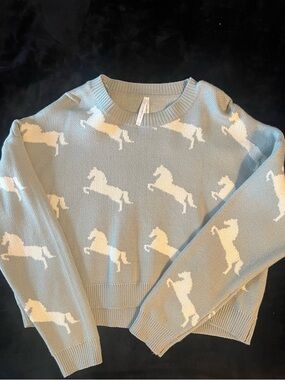 debut Light Blue Crewneck Sweater with White Horse Motif